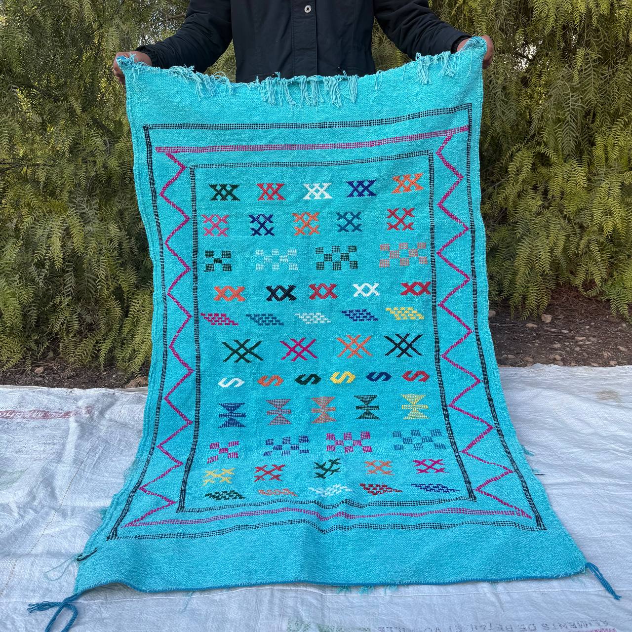 Authentic Moroccan Atlas Berber Rug – Handmade Turquoise Wool Carpet by Berber Women