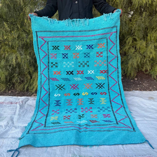 Authentic Moroccan Atlas Berber Rug – Handmade Turquoise Wool Carpet by Berber Women