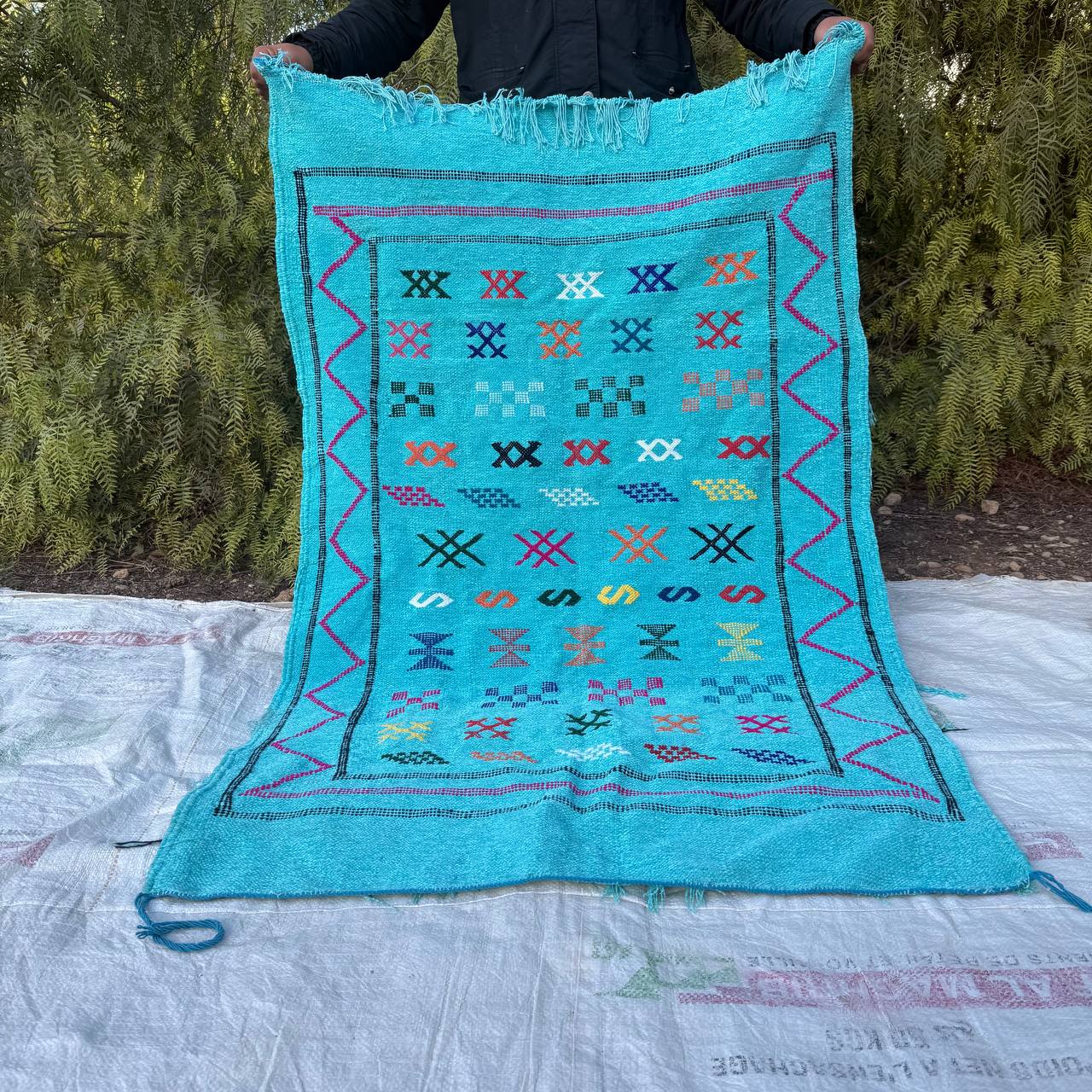 Authentic Moroccan Atlas Berber Rug – Handmade Turquoise Wool Carpet by Berber Women