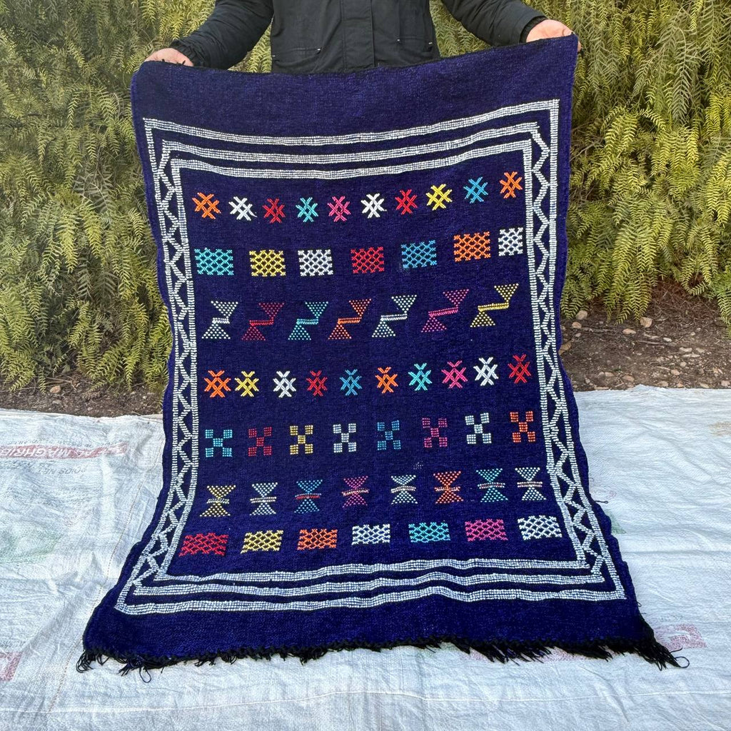 Authentic Moroccan Atlas Berber Rug – Handmade Deep Blue Wool Carpet by Berber Women