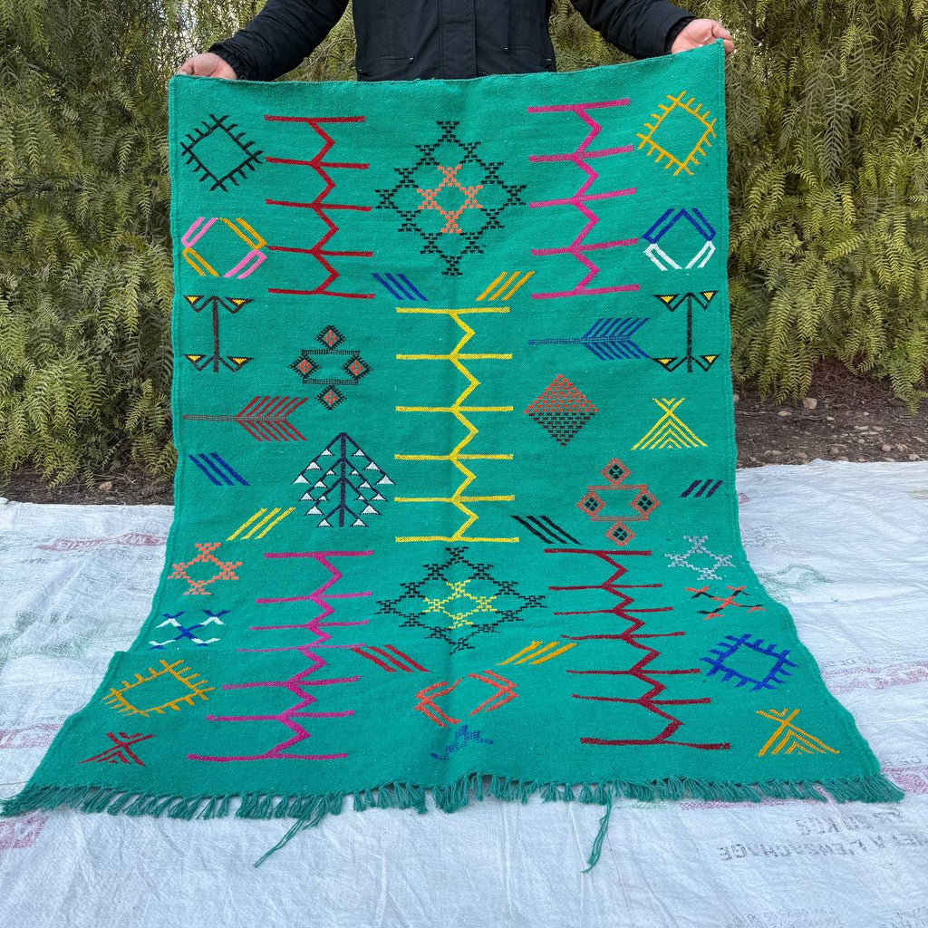 Authentic Moroccan Atlas Berber Rug – Handmade Green Wool Carpet by Berber Women