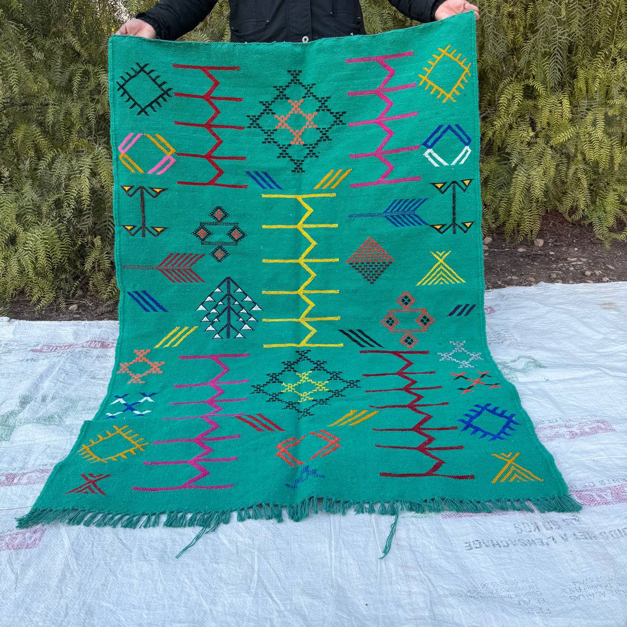 Authentic Moroccan Atlas Berber Rug – Handmade Green Wool Carpet by Berber Women