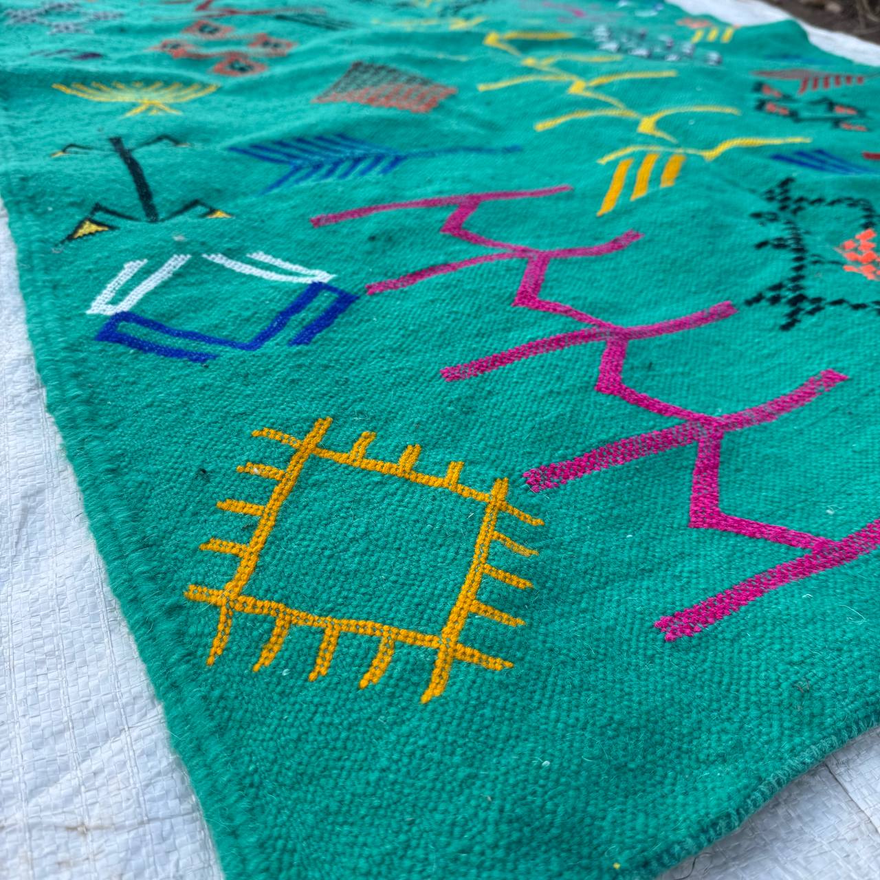 Authentic Moroccan Atlas Berber Rug – Handmade Green Wool Carpet by Berber Women